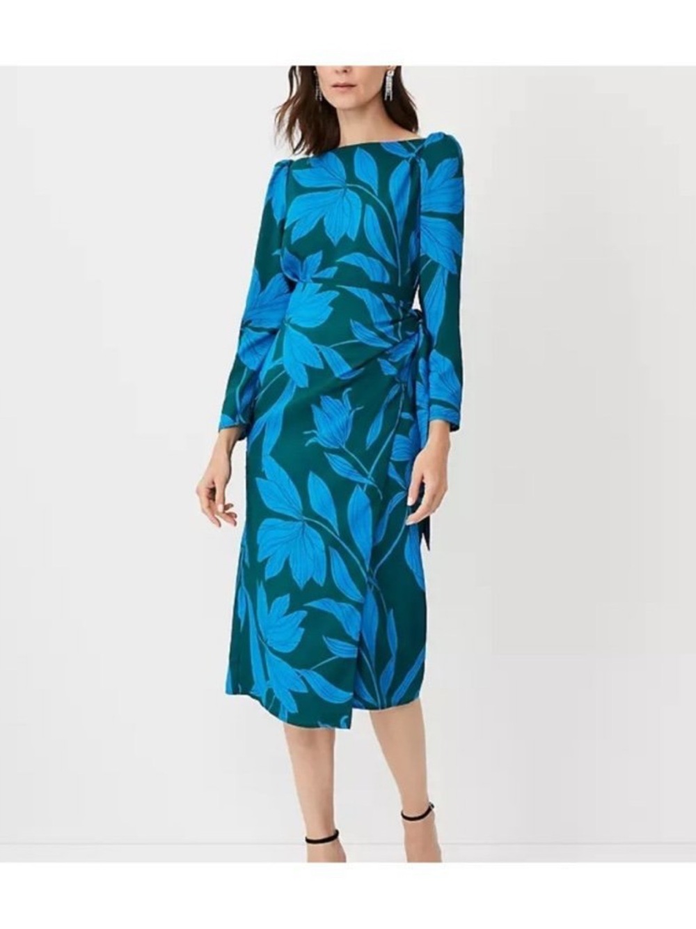 Ann Taylor Teal & Bright leaf print wrap midi dress size 14 NWT